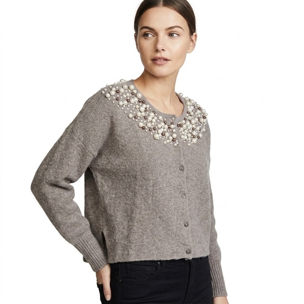 Moth Anthropologie Button Down Cardigan Women's XS Gray Pearl Beaded Ribbed Cuff